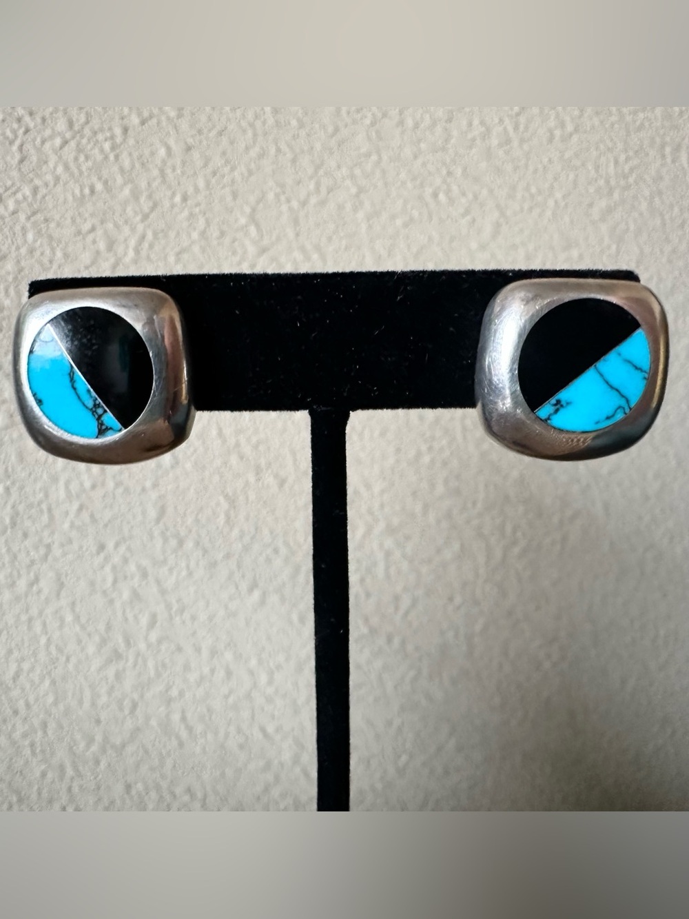 Vintage Mexico 925 Sterling Silver Turquoise Onyx Inlay Stud Earrings